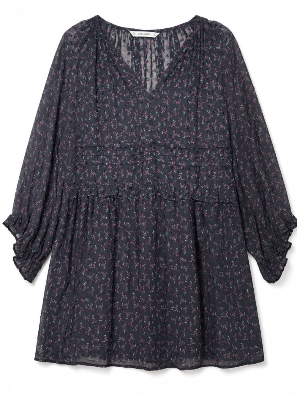 Zara Basic Floral Swiss Dot Babydoll Dress Long Sleeve Ruffle Mini Size M Lined